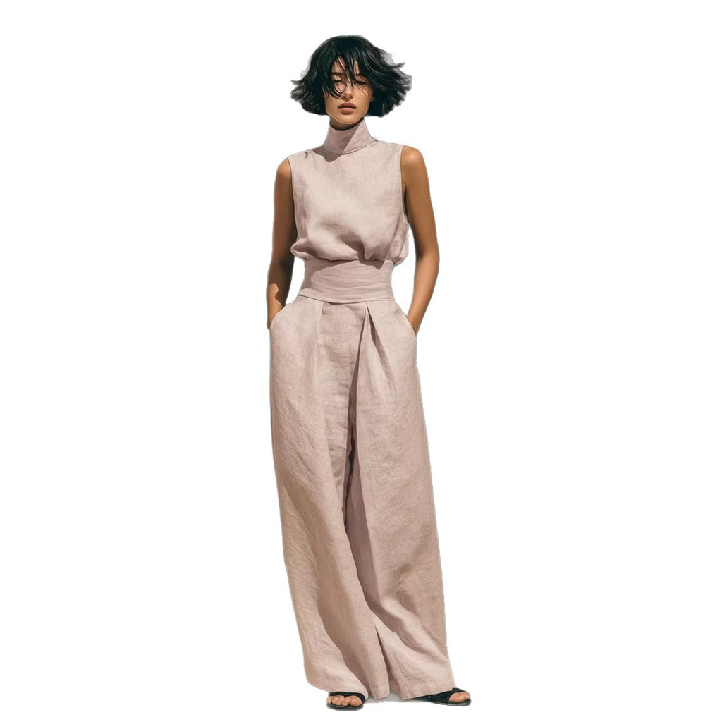 Womens Cotton-Linen Blend Sleeveless Top And Wide-Leg Pants Set