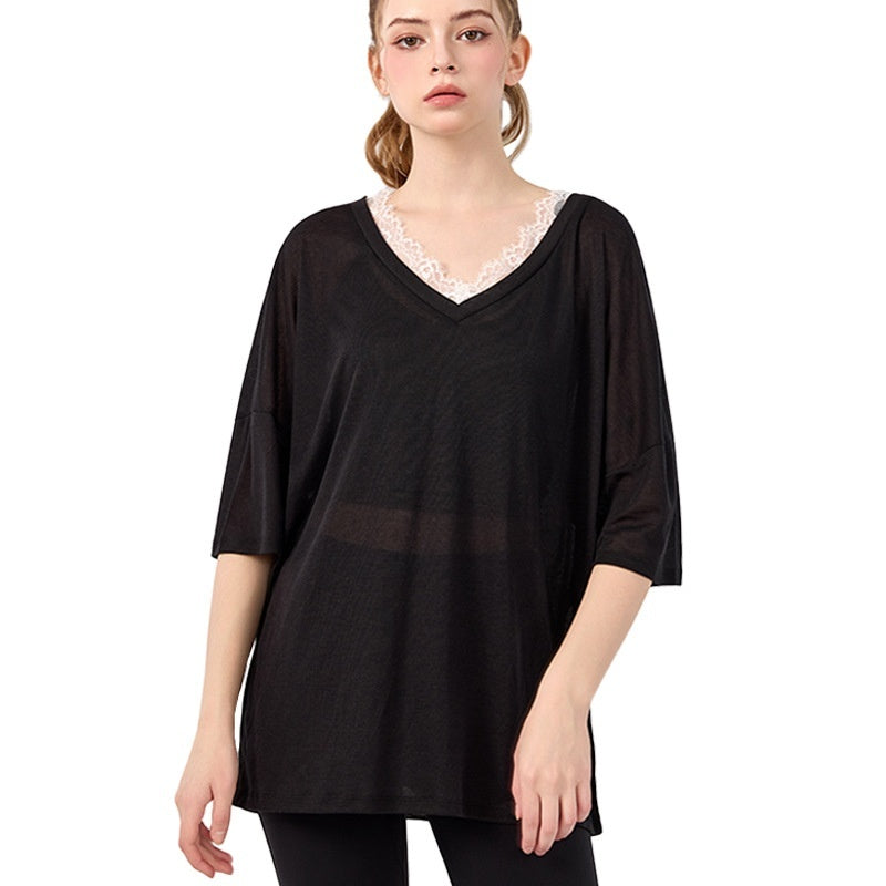 Pilates Yoga Clothes V-neck Lace Solid Color Short Sleeve Blouse