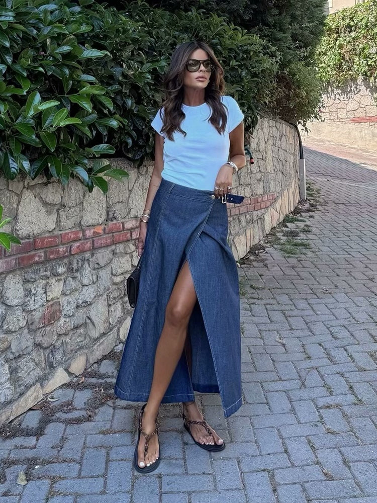 High-waist Asymmetric Slit A-line Denim Midi Skirt For Women