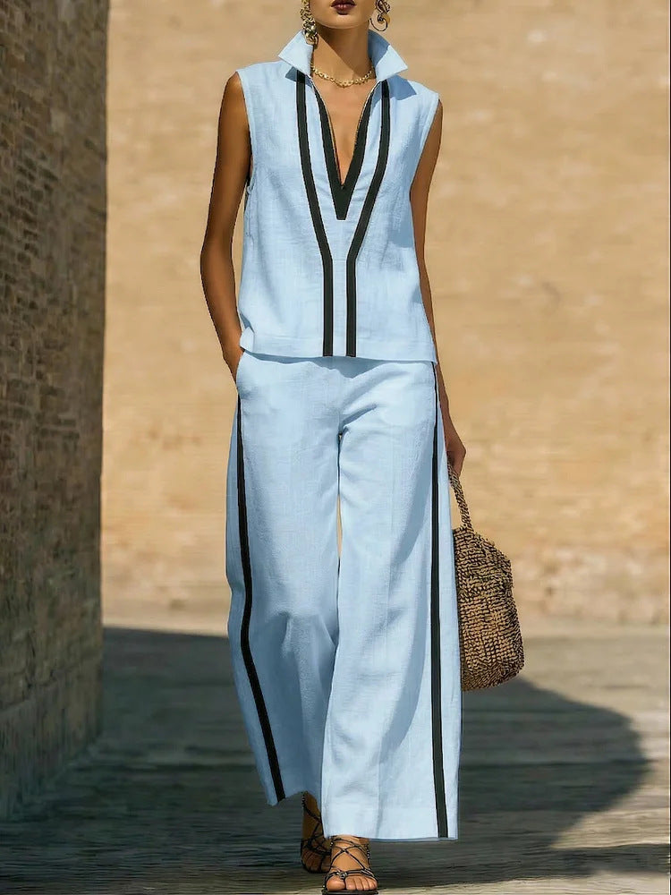 Contrasting-Color Sleeveless Single-Breasted Vest And Drawstring Pants Set