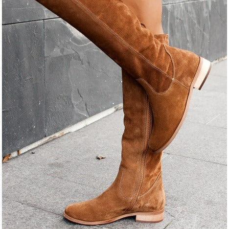 Comfortable Low-heeled Round-toe Solid-color Suede Over-the-knee Boots
