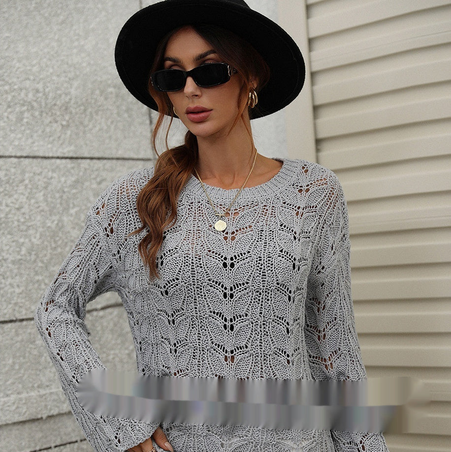 Solid Color Crochet Hollow-out Round Neck Loose Sweater Women