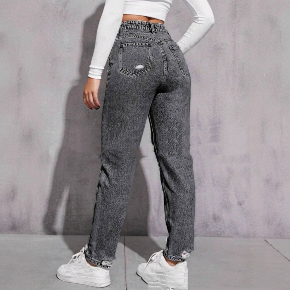 European And American Women's Casual Ripped Washed Jeans With Nine-part Calf