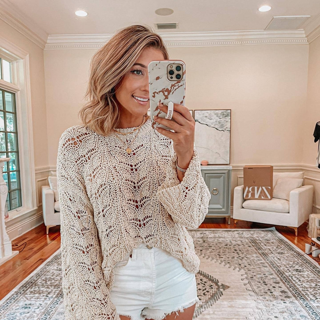 Solid Color Crochet Hollow-out Round Neck Loose Sweater Women