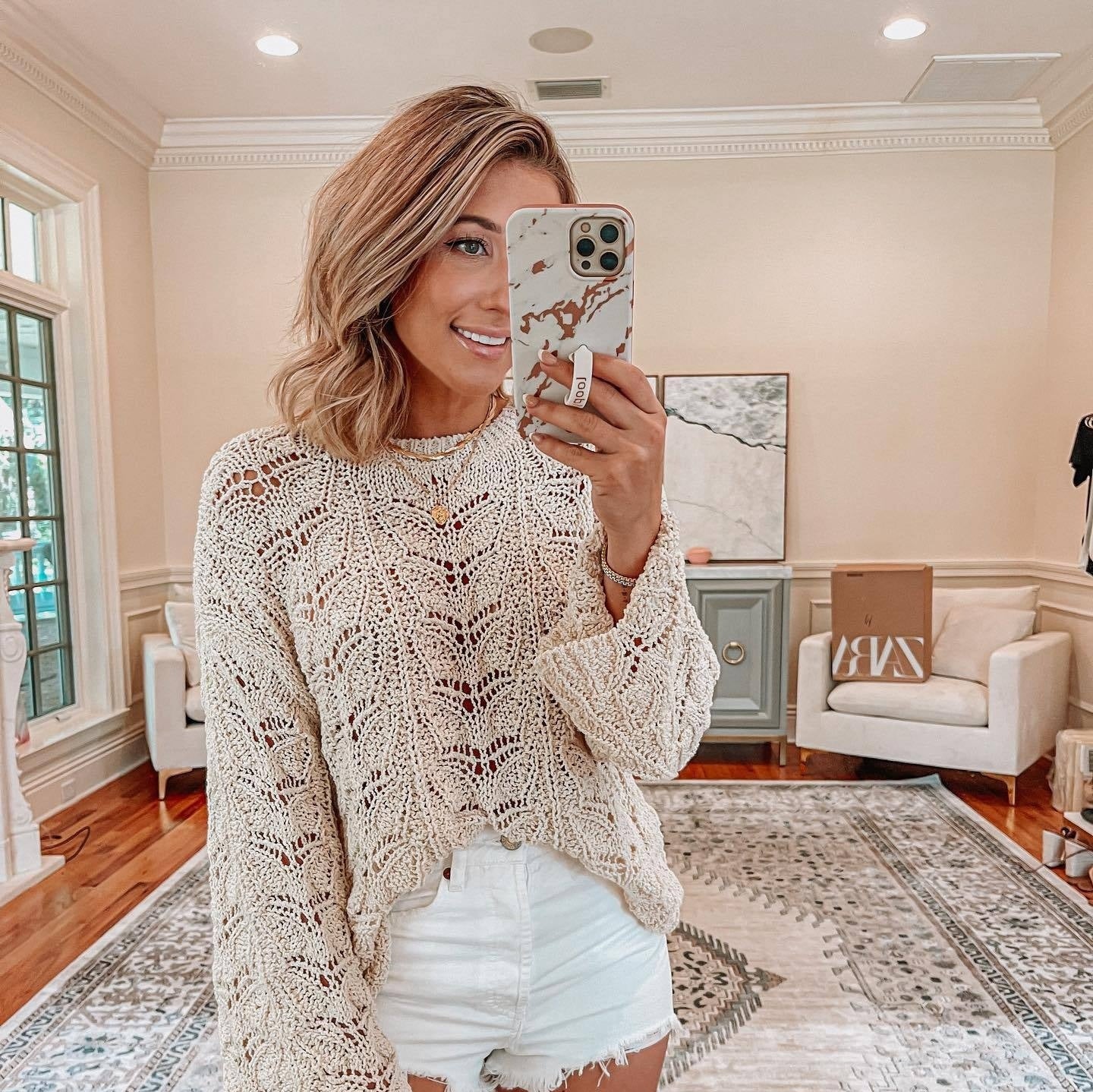 Solid Color Crochet Hollow-out Round Neck Loose Sweater Women