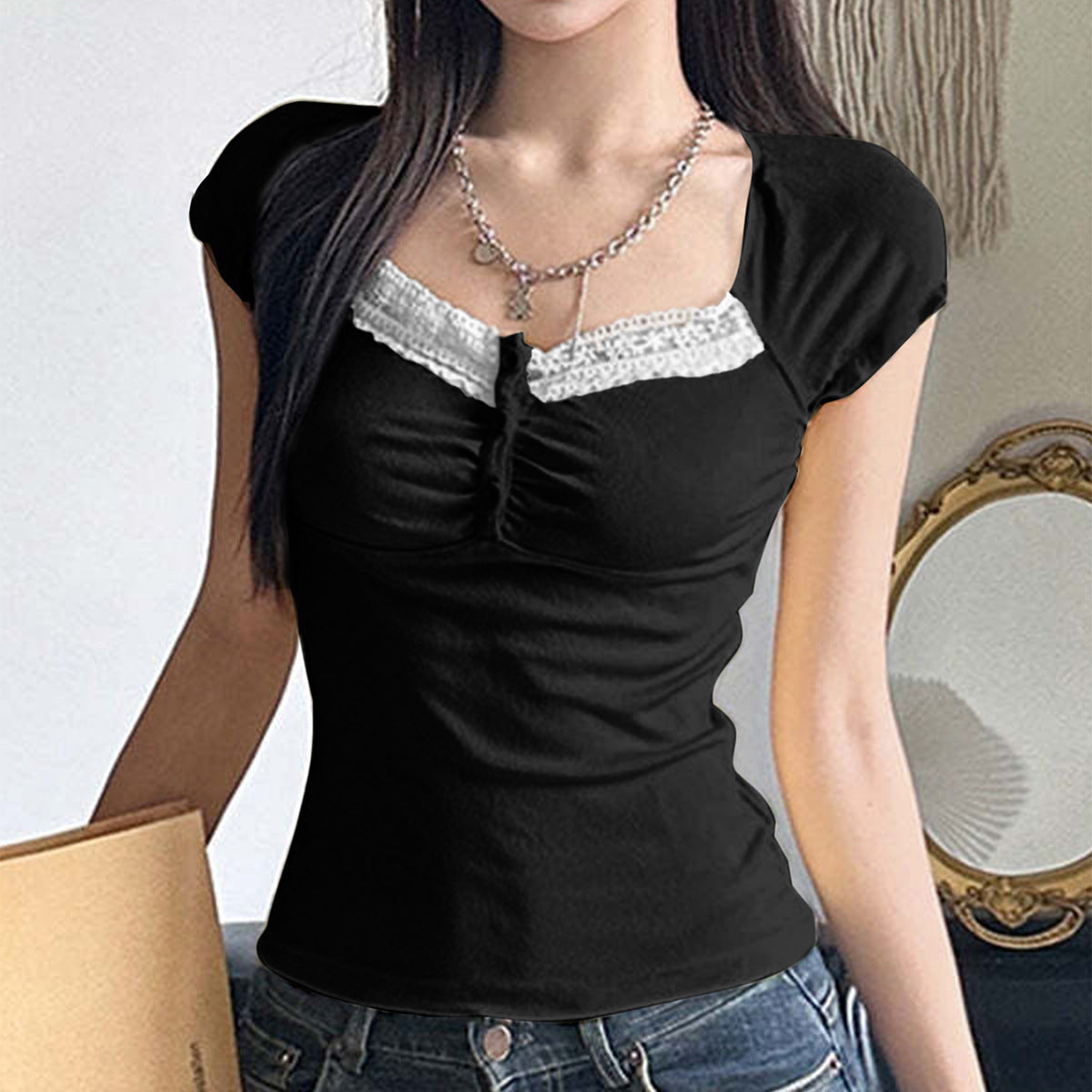 Y2g Lace Stitching Square Collar Knitted T-shirt Sweet Hot Girl Slim Short-sleeved Tops