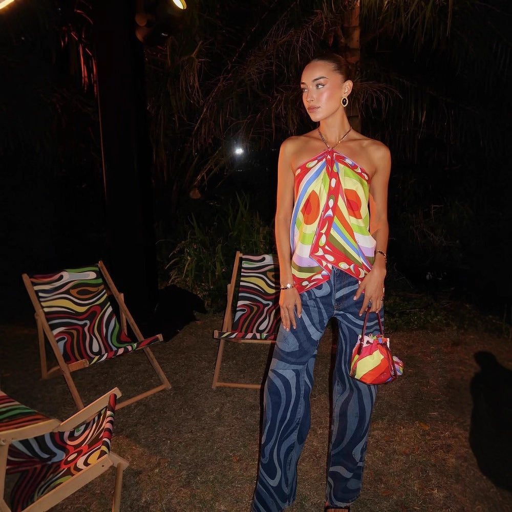 Women's Casual Water Wave Print Straight Leg Denim Pants