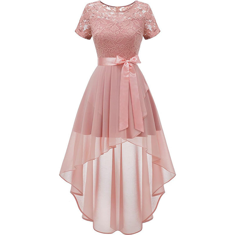 Lace Chiffon Ruffled High Slit Waist Round Neck Evening Dress Skirt
