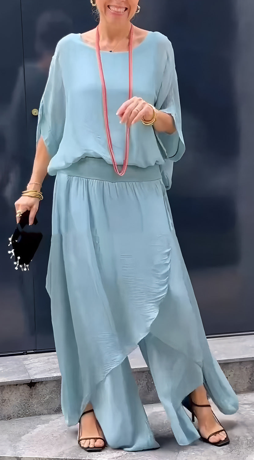 Top Split Wide Leg Pants Chiffon Casual Suit