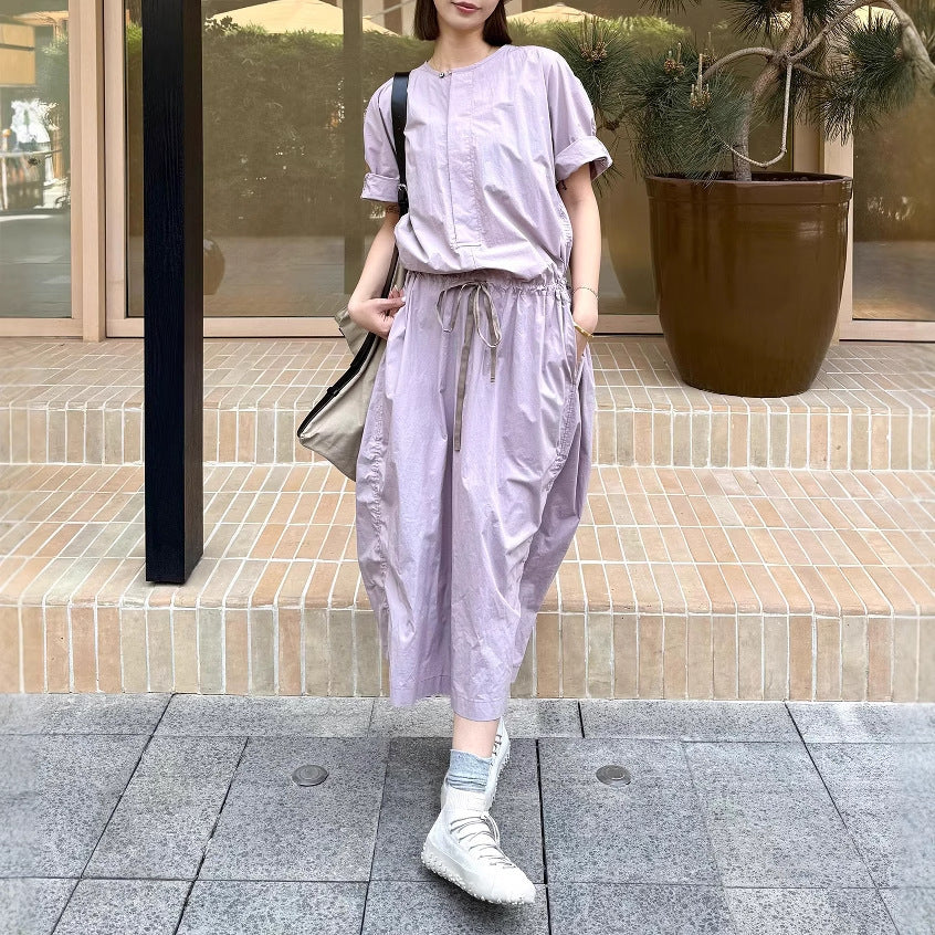 French Parachute Drawstring Waist Dress Round Neck