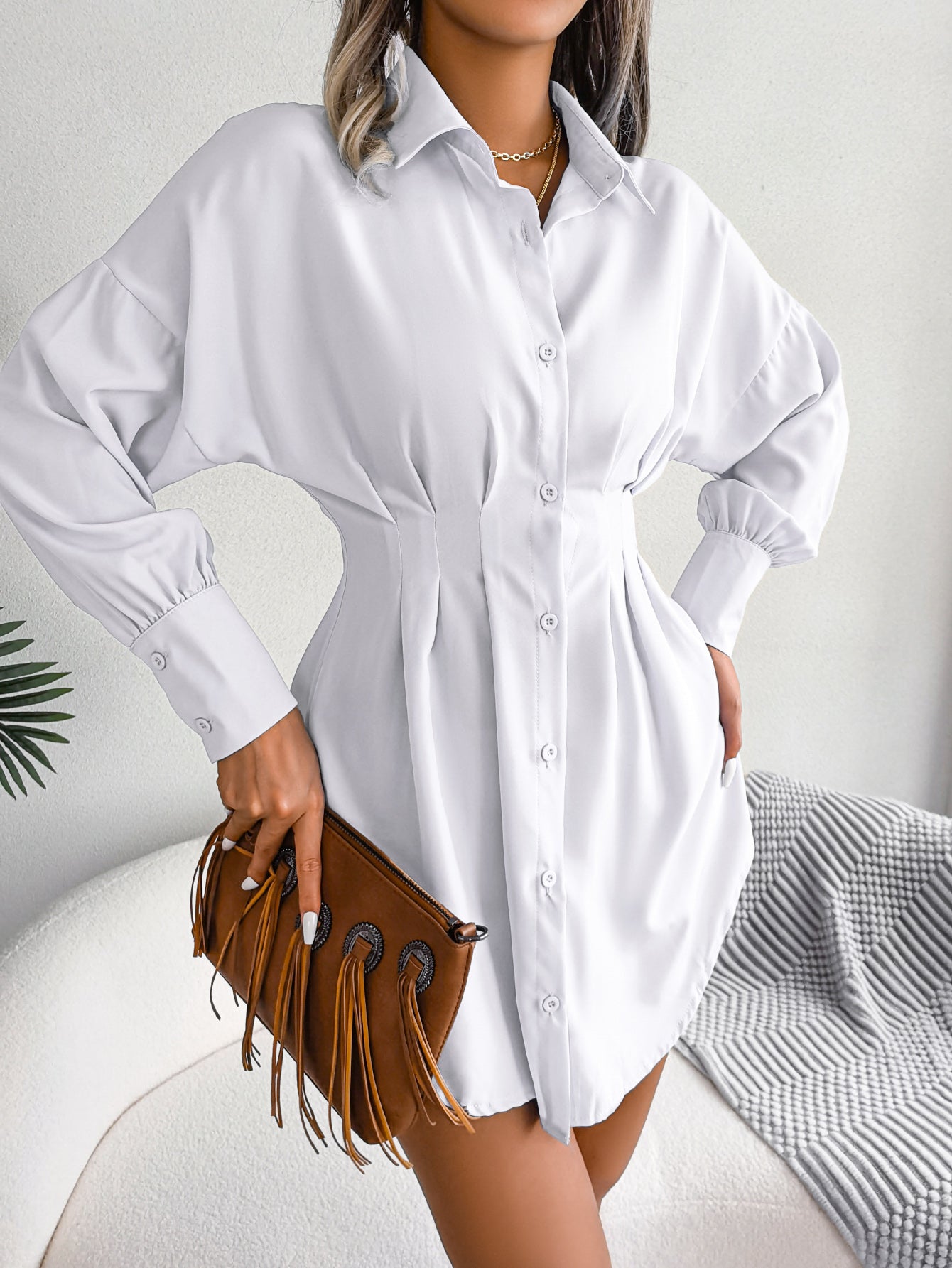 Casual Lantern Sleeve Tie Waist Asymmetric Shirt Dress