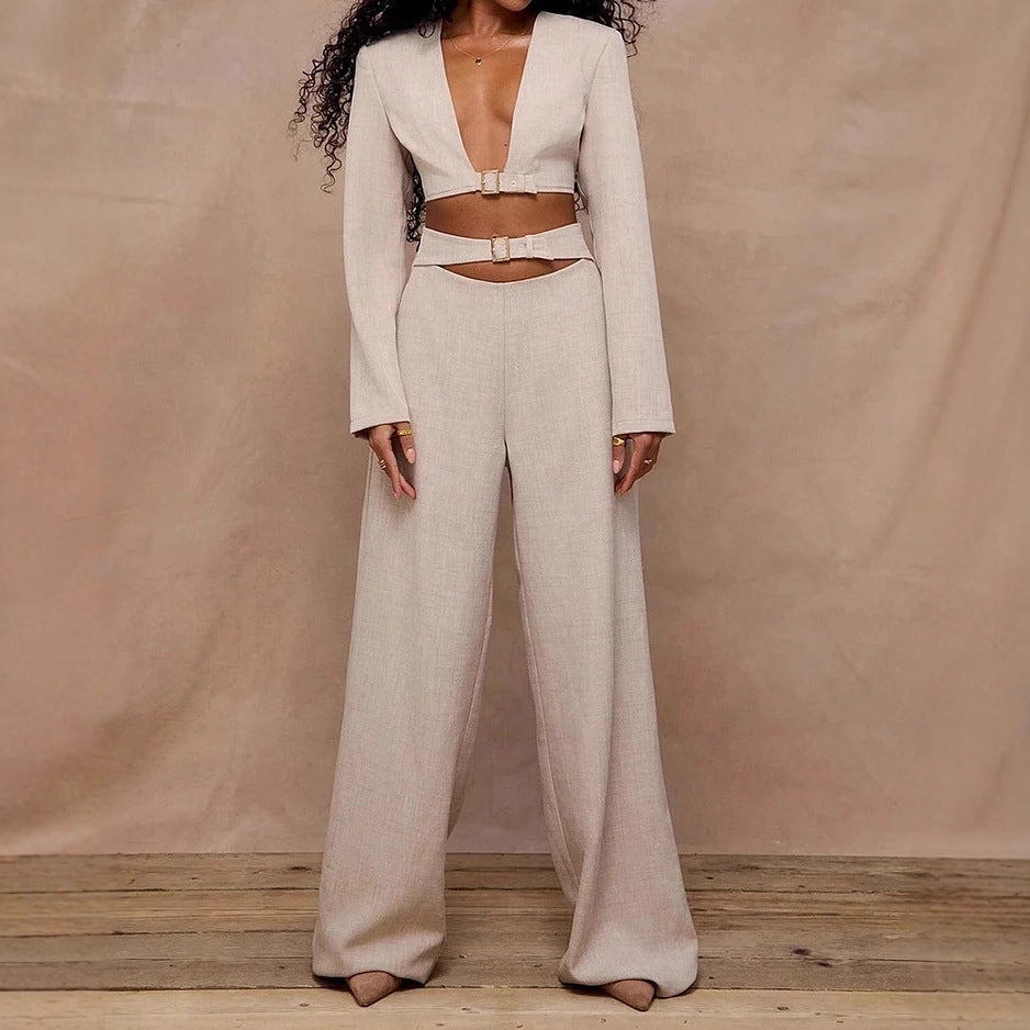 Womens Waist-revealing Straight-leg Pants And Long-sleeve Top Set