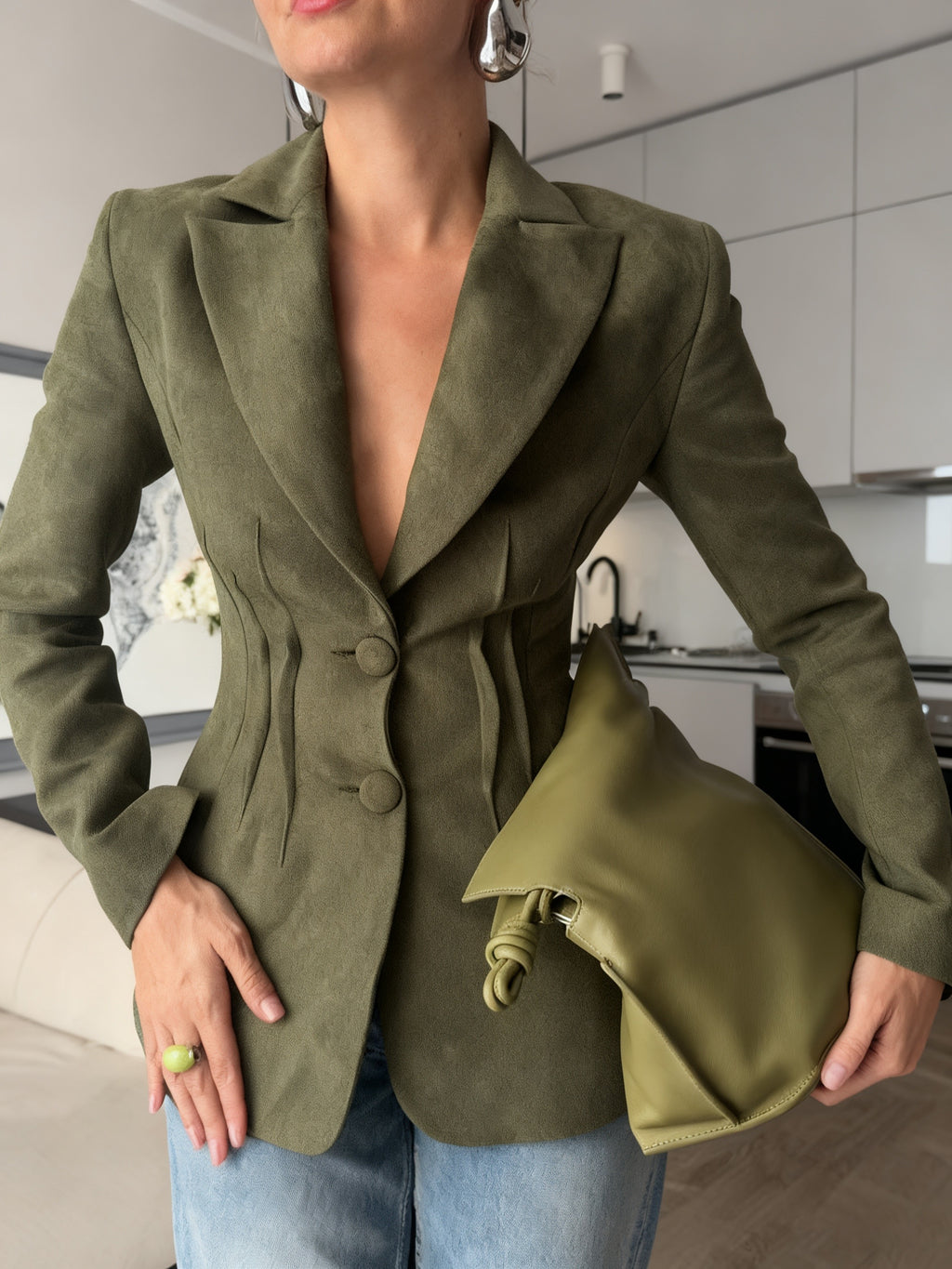 Olive Green Suede Blazer With Corset Detailing