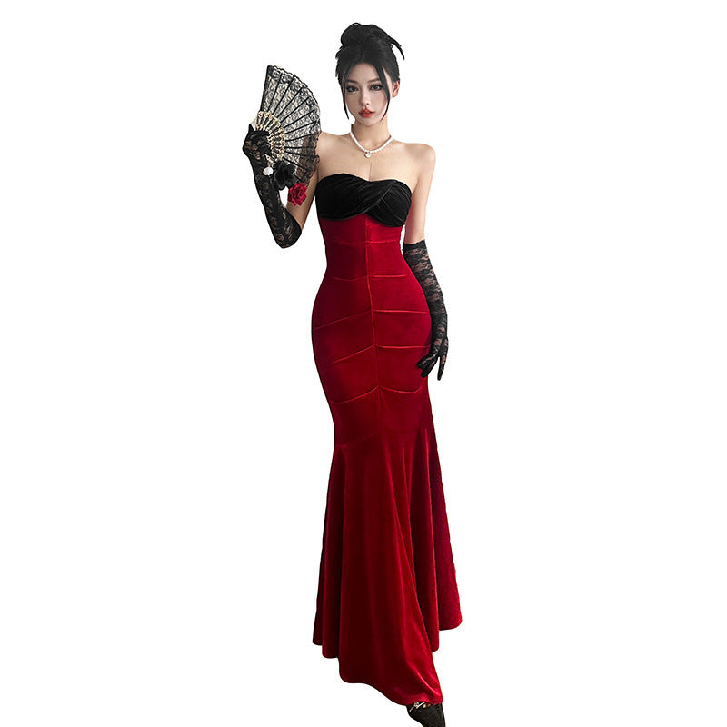 Contrast Color Sexy Socialite Off-shoulder Tube Top Package Hip Fishtail Dress Women
