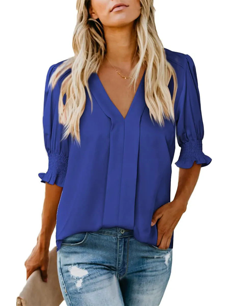 V-neck Short Sleeve Loose Comfortable Fashion Summer Solid Color Small Shirt European And American Style