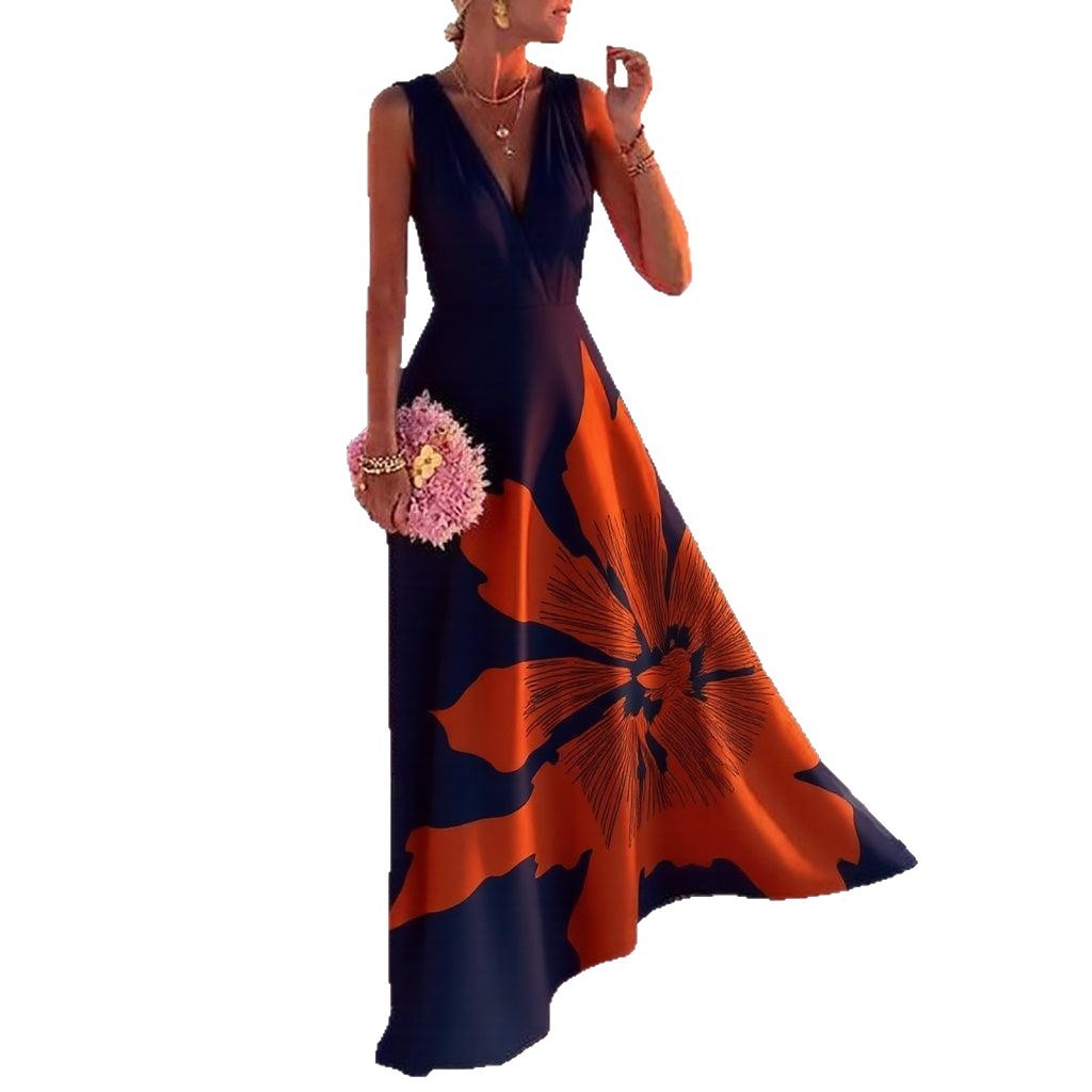 Printed V-neck Sleeveless Vacation Dress