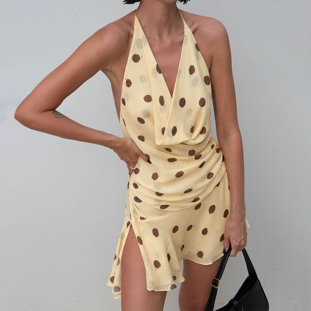 Polka Dot Chiffon Dress Sexy Halter Deep V Split