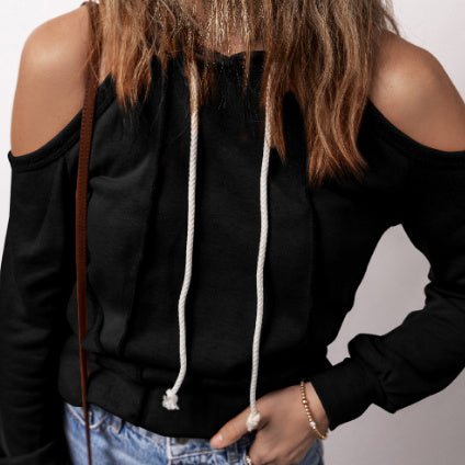 Black Exposed Seam Cold Shoulder Drawstring Hoodie