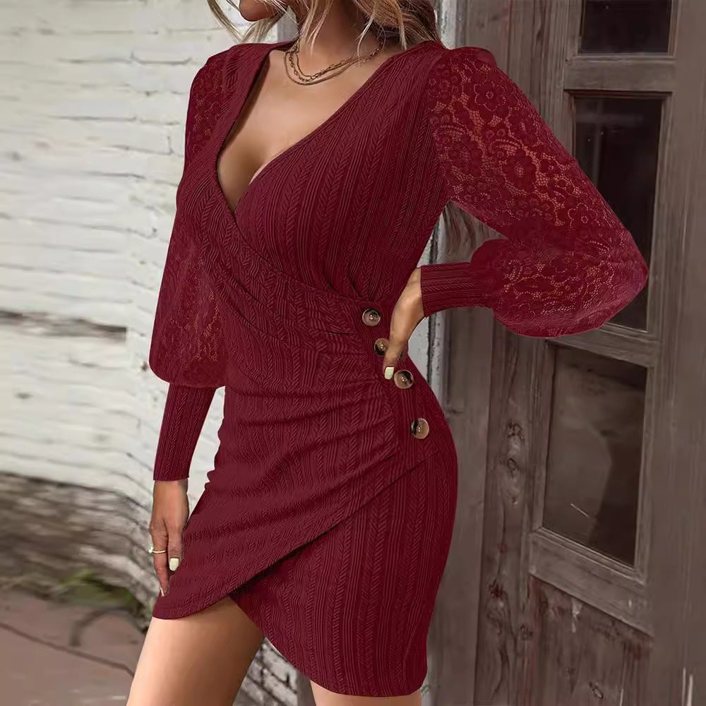 Autumn Solid-Color V-Neck Slim-Fit Sexy Dress