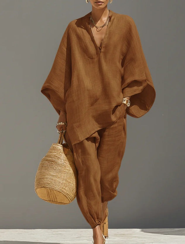 Casual Relaxed Loose-Fitting Solid-Color Shirt Set