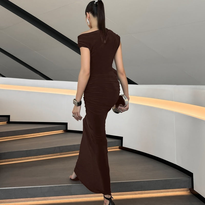 Fashion Pleated Waist Tight Slimming And Shoulder Hollow Sexy Solid Color Dress
