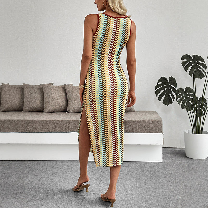 Color Striped Crocheted Round Neck Vest Sleeveless Dress