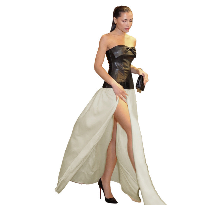 Sexy Mesh Stitching PU Leather Collar Bandeau Slim-fit Dress