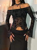 Womens Solid-Color Elegant Floral Mesh Off-the-Shoulder Flare-Sleeve Top