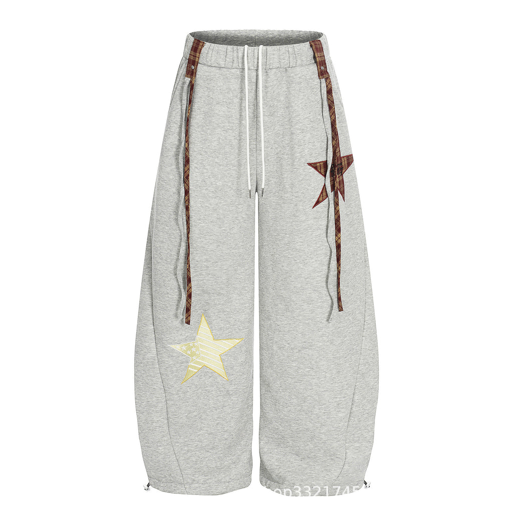 Starry Embroidery Fleece Lined Casual Pants For Women Loose Fit Trousers