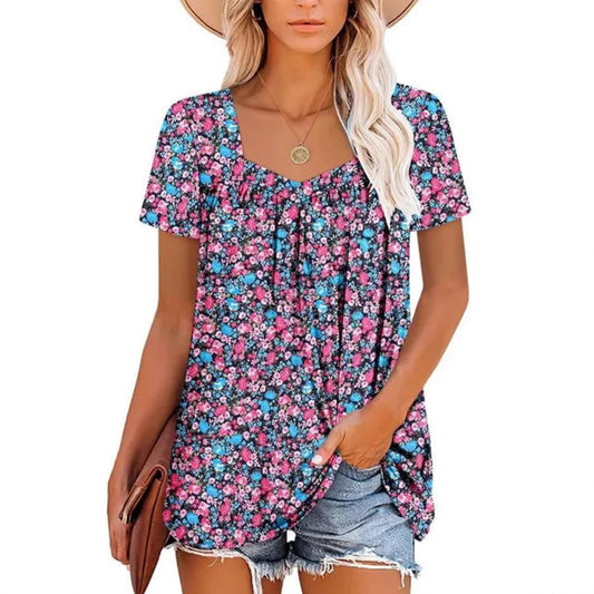 Women's Clothing Square Collar Short Sleeve Printed Loose T-shirt