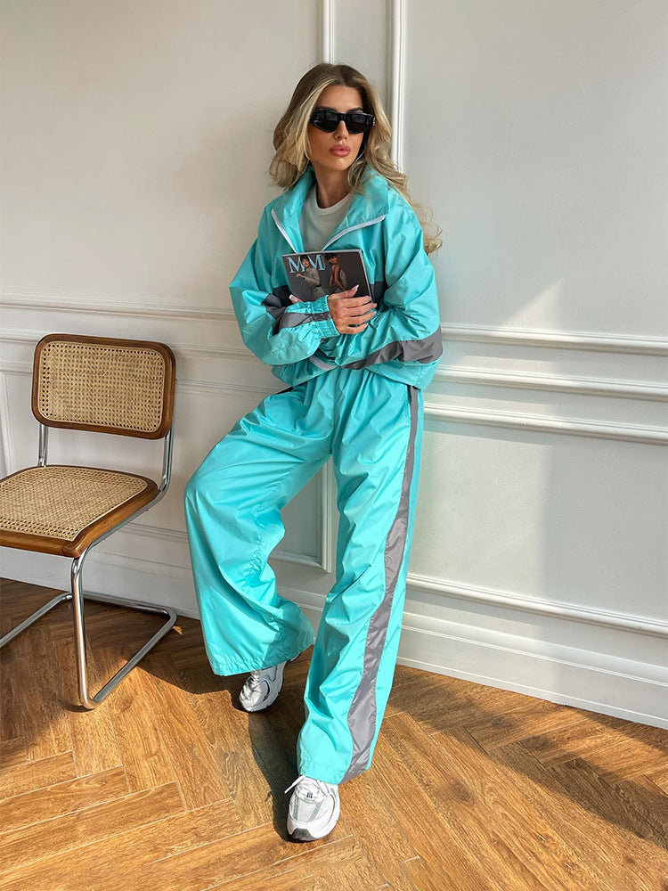 Casual Loose Color Matching Long Sleeve Zipper Cardigan Sports Suit