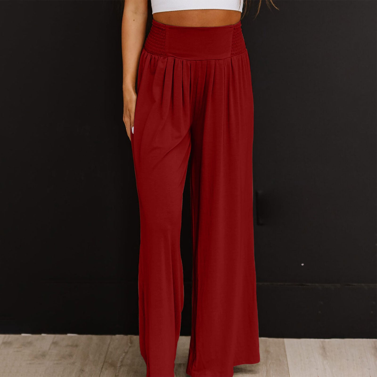 Women's Casual Cotton And Linen Smocking Distressed Mid-waist Trousers