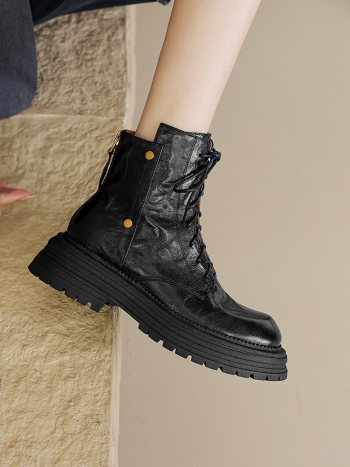 Chunky-Soled Lace-Up Ankle Boots