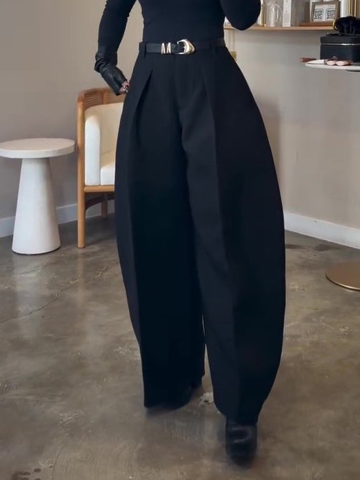 Black Oversized Wide-Leg Pants With Pleated Detail And High Waist