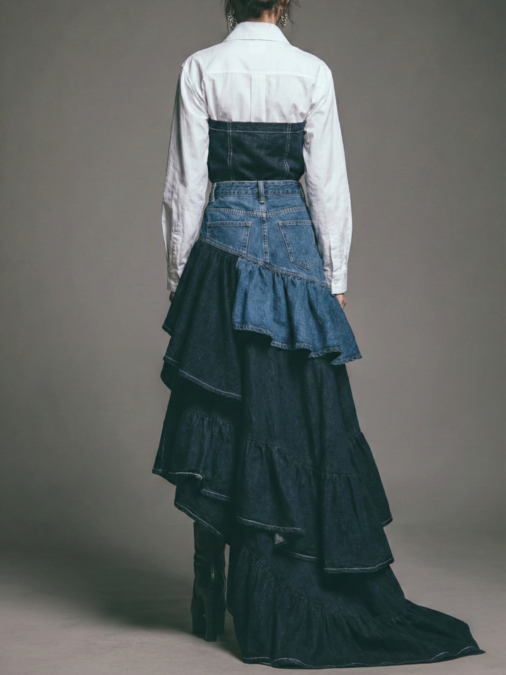 Two-Tone Denim High Waist Asymmetric Multi-Layer Ruffle Midi Skirt