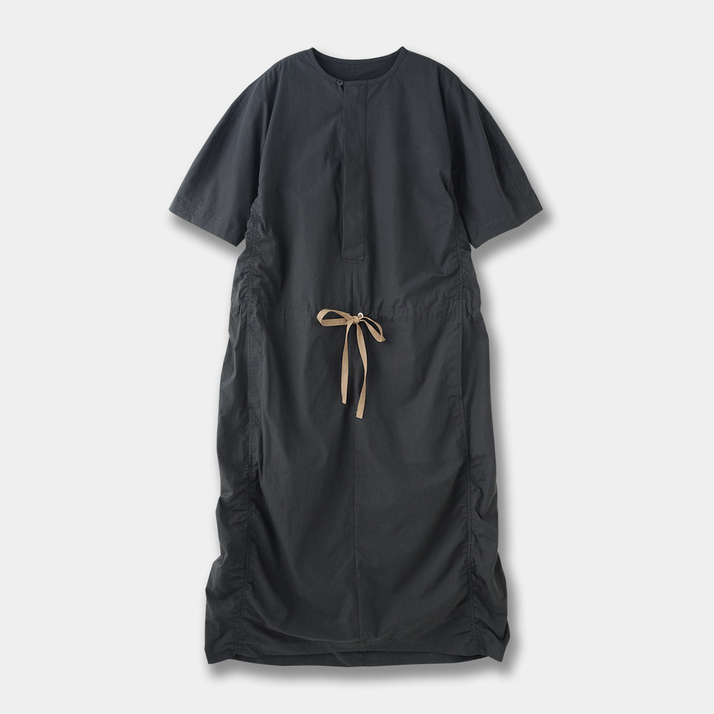 French Parachute Drawstring Waist Dress Round Neck