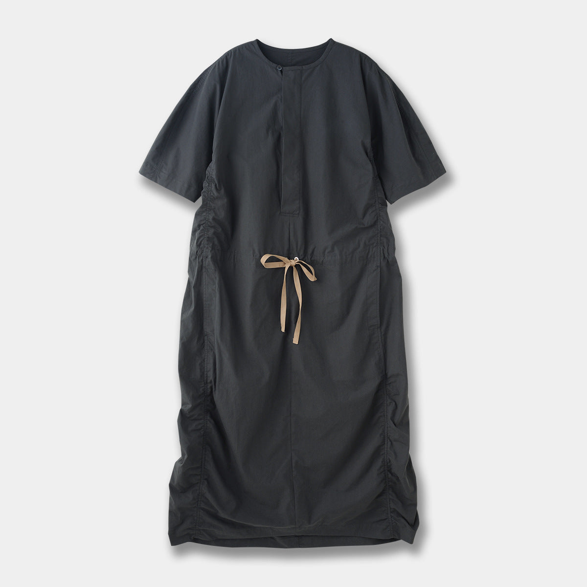French Parachute Drawstring Waist Dress Round Neck