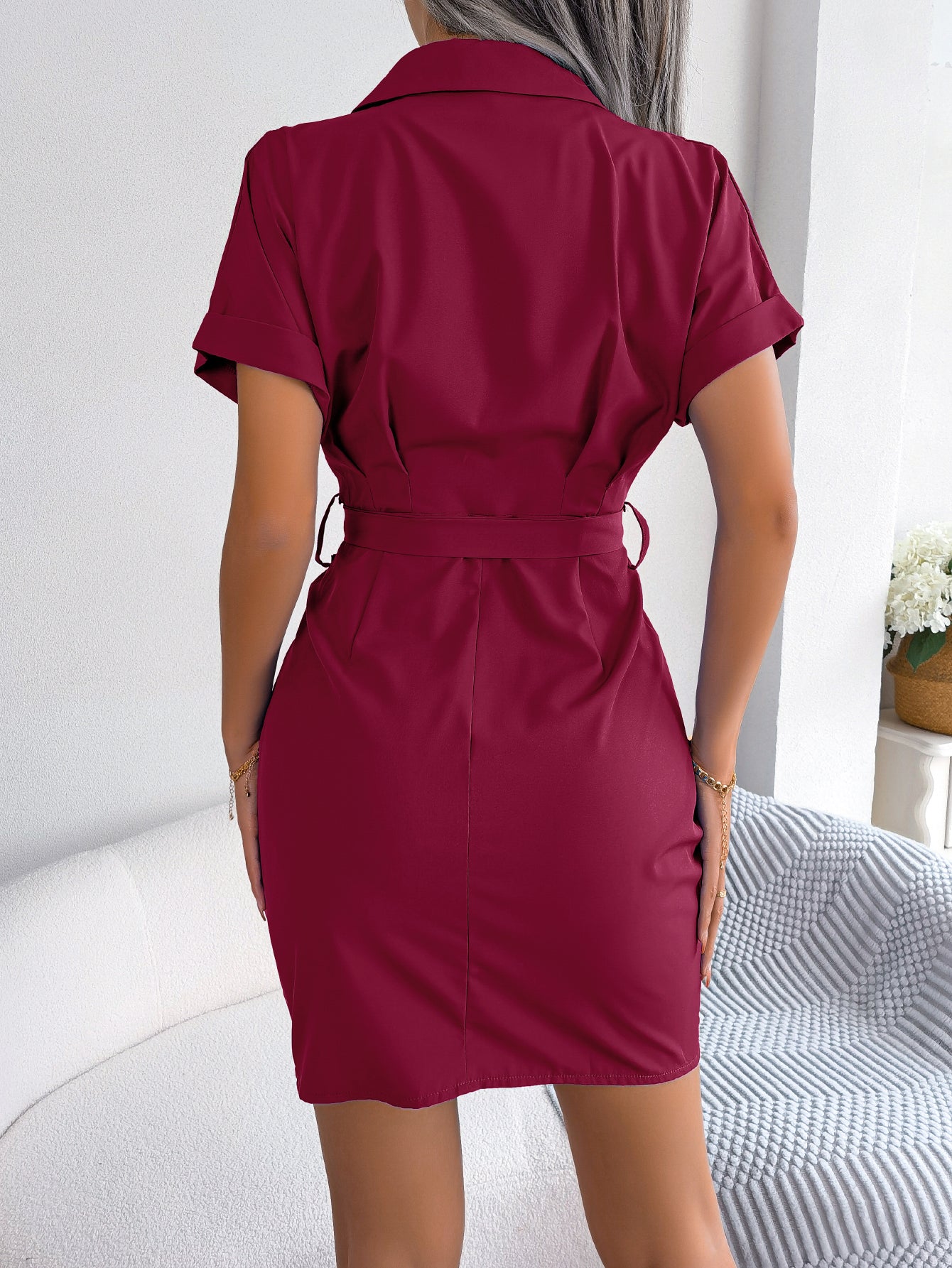 Casual Solid Color Batwing Sleeve Tie Waist Crinkled Shirt Dress
