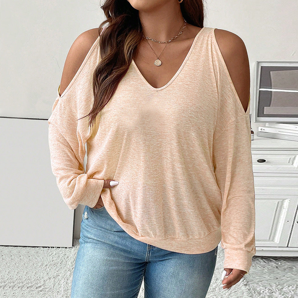 Women's Sexy Off-shoulder V-neck Loose Casual Solid Color Long-sleeved Top