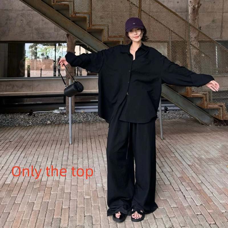 Elegant Polo Collar Shirt Top Loose Feeling Suit Female Autumn Leisure Wide-leg Pants