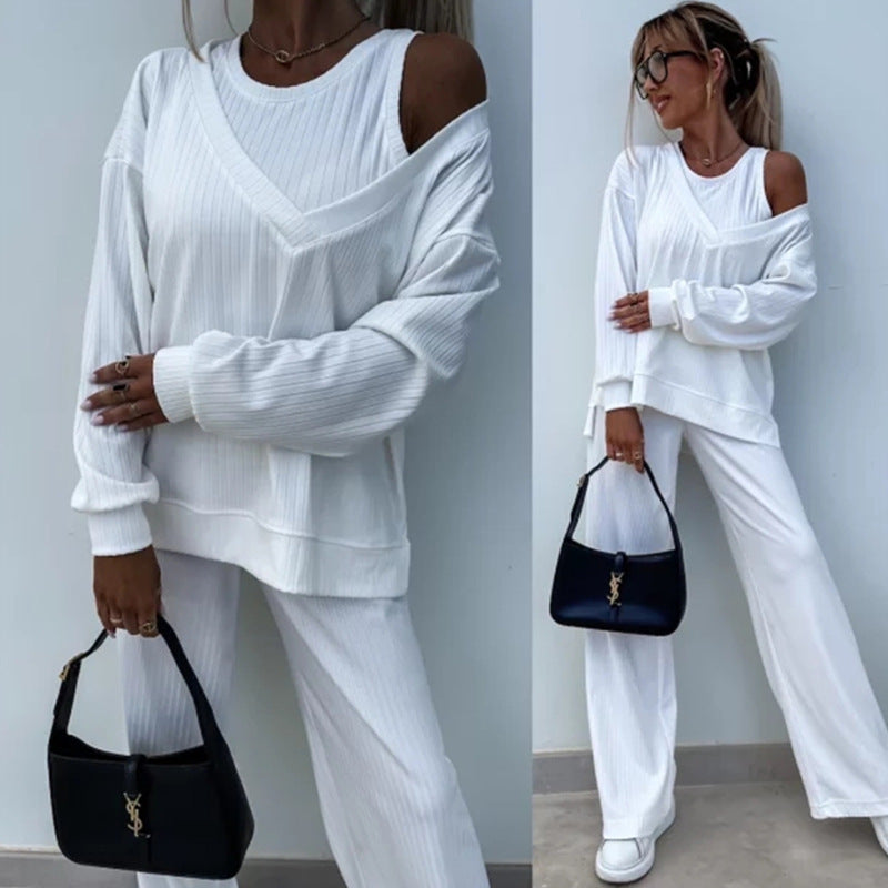 Women's Solid Color Vest Inner Match Long-sleeved V-neck Top Casual Pants Three-piece Set