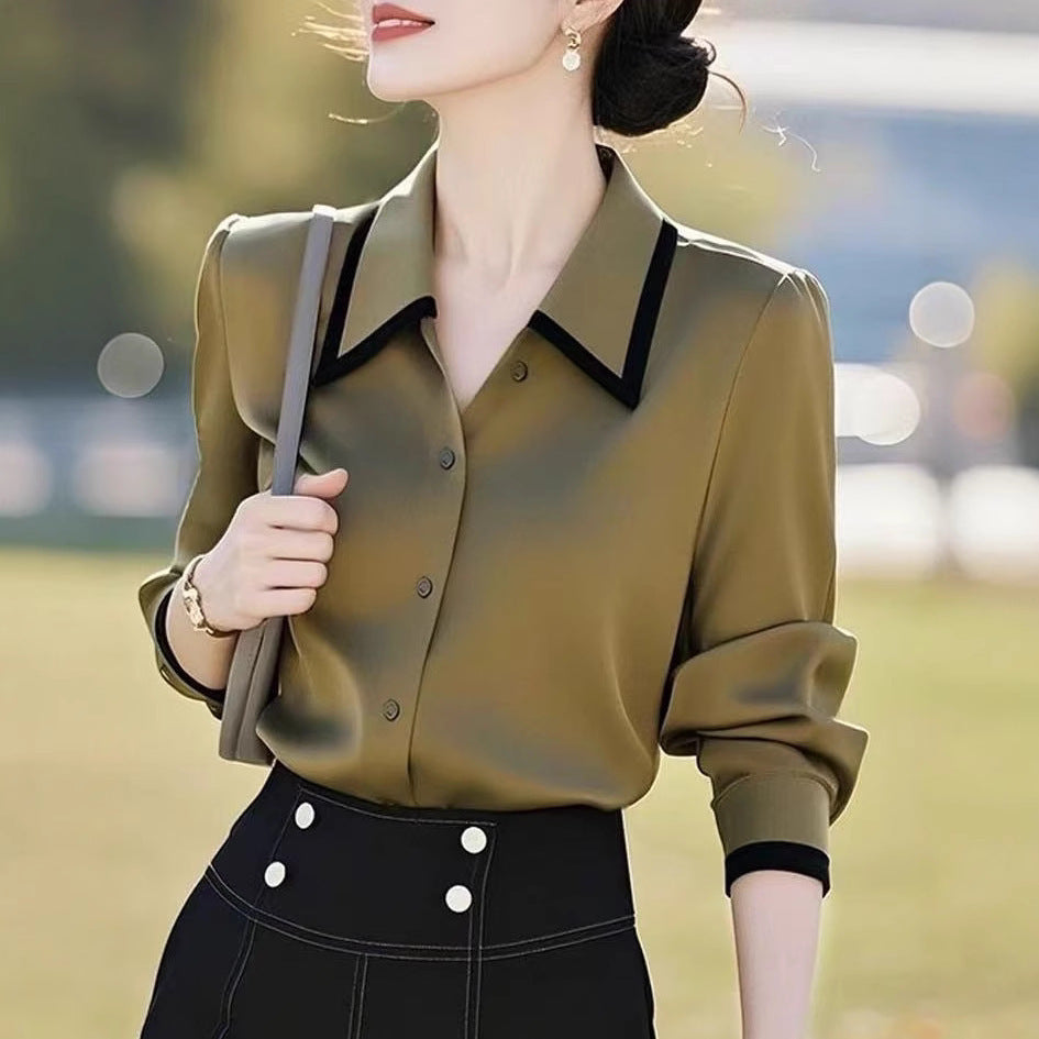 Fashionable High-end Olive Green Lapel Long-sleeved Shirt