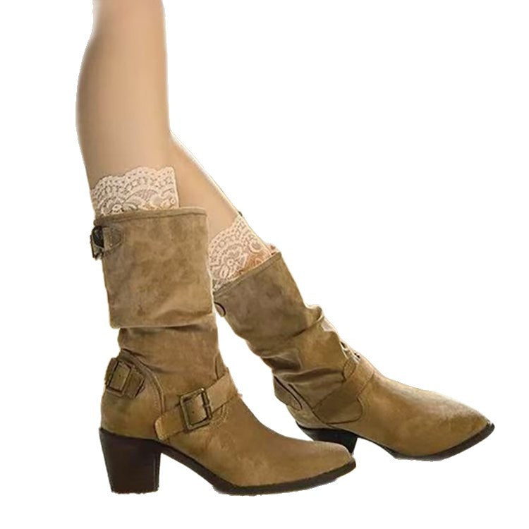 Retro Mid-calf Stacked Pointed-toe Chunky-heel Boots