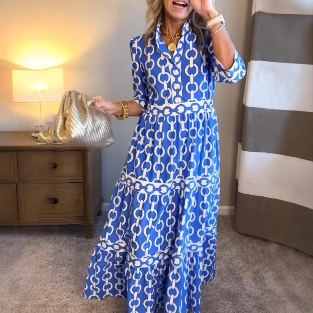 Spring And Summer Geometric Printed Round Neck Women's Maxi Dress