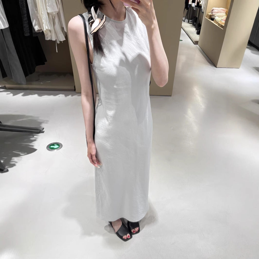 Blue Sleeveless Round Neck Slim Fit Long Dress