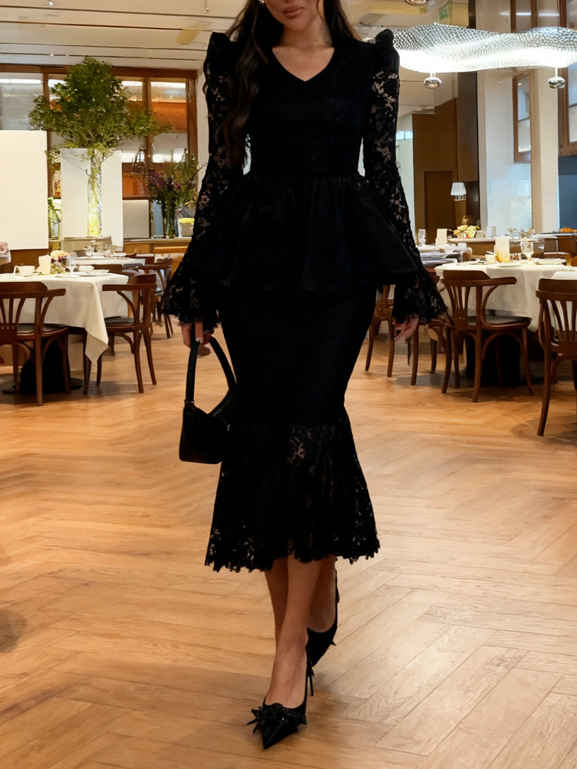 Glamorous Black Lace Peplum Top & Midi Skirt Set