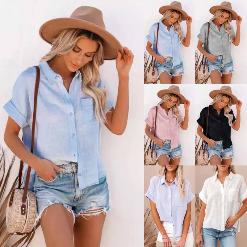 Summer Women's Popular Cotton And Linen Shirt Short Sleeved Women's Lapel Button Up Shirt