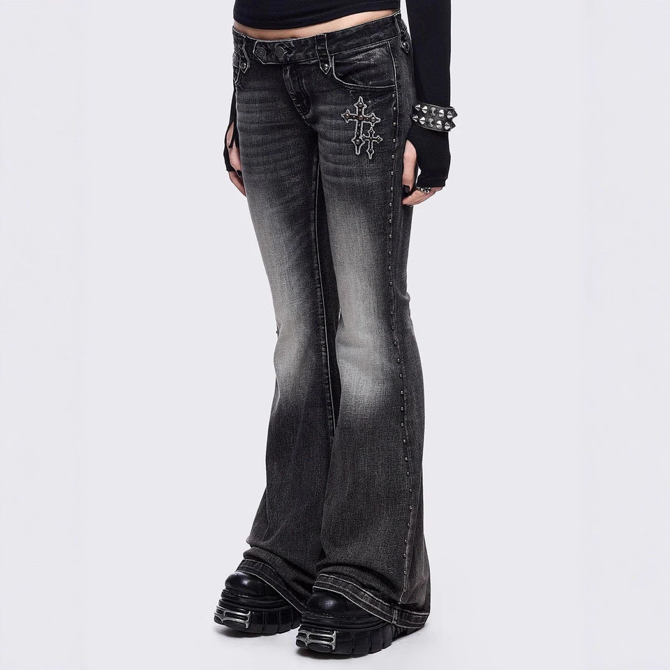 Retro Wing-Pattern Slim-Fit Jeans