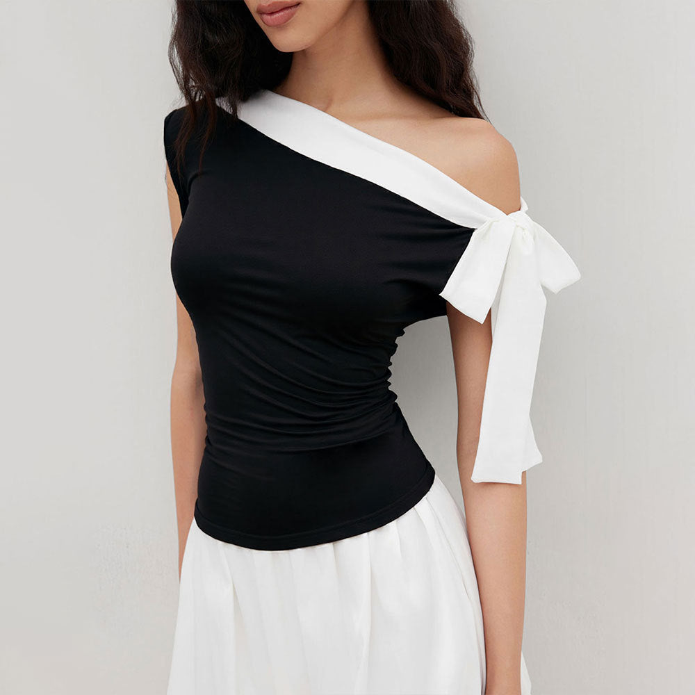 Womens Color-Block Slim-Fit Off-Shoulder Bow-Tie Neck Sleeveless Top