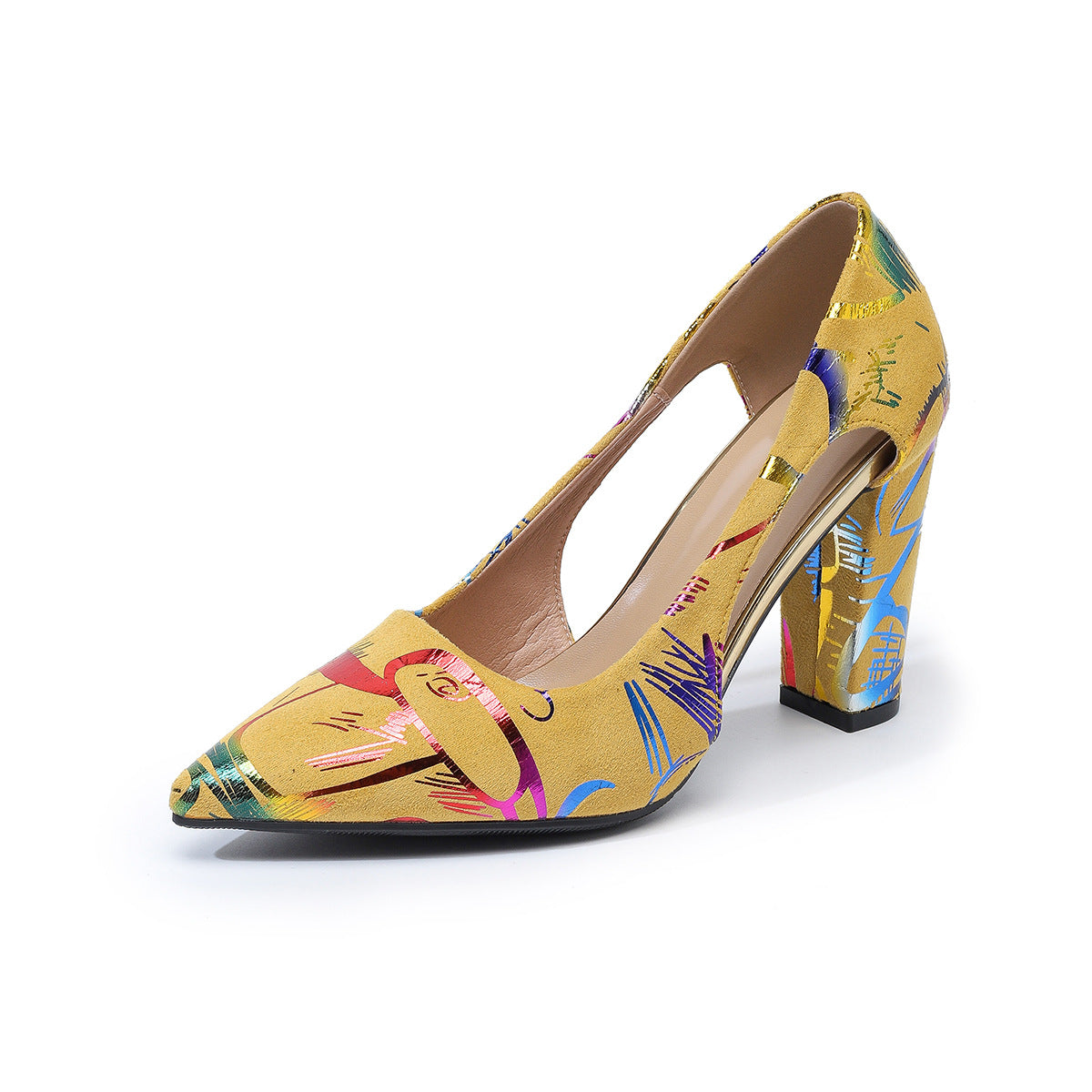 Womens Pointed-Toe, Chunky-Heel, Plus-Size High Heels With A Shallow Opening And EuropeanAmerican-Style Floral Print